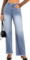 Wide Leg Jeans for Women Mid High Waist - Frayed Raw Hem JK