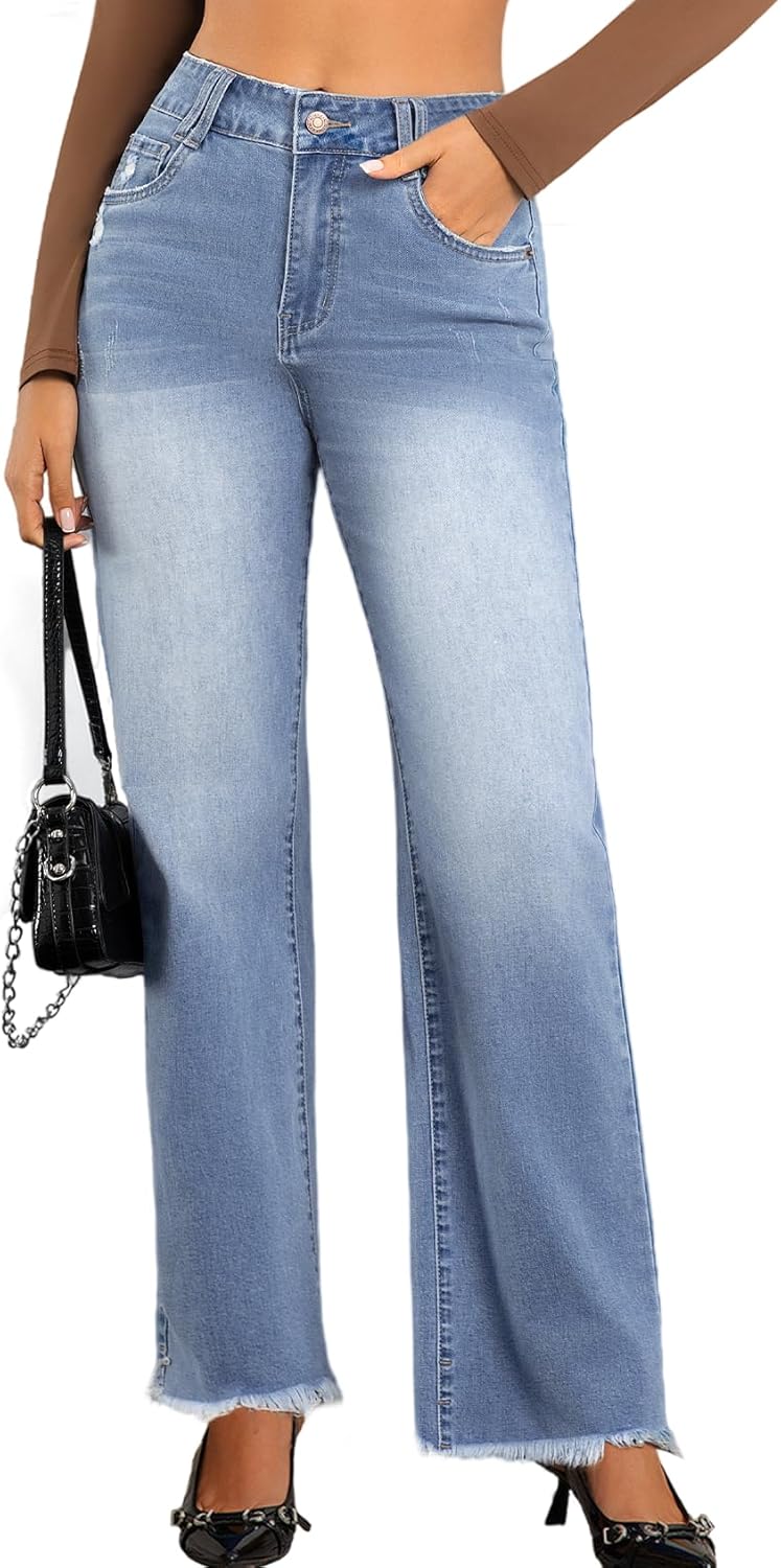 Wide Leg Jeans for Women with Frayed Hem and High Waist Fit