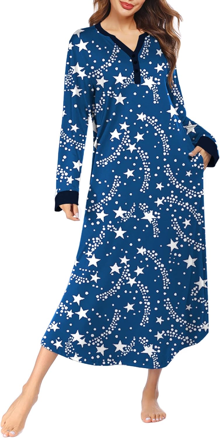 Ekouaer Womens Nightgown Long Loungewear V Neck Sleepwear