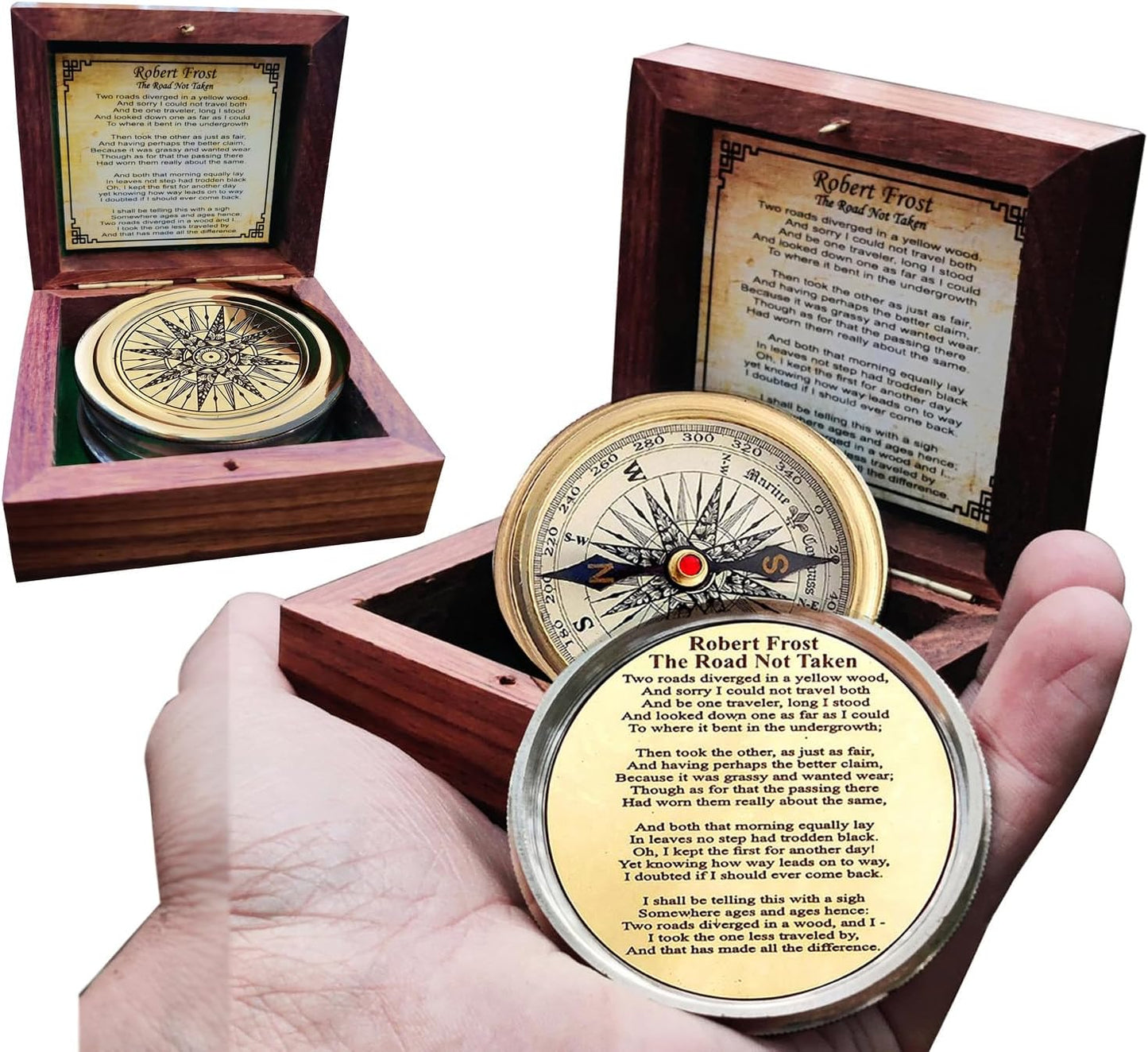 Engraved Robert Frost Compass in Wooden Box - Gift for All