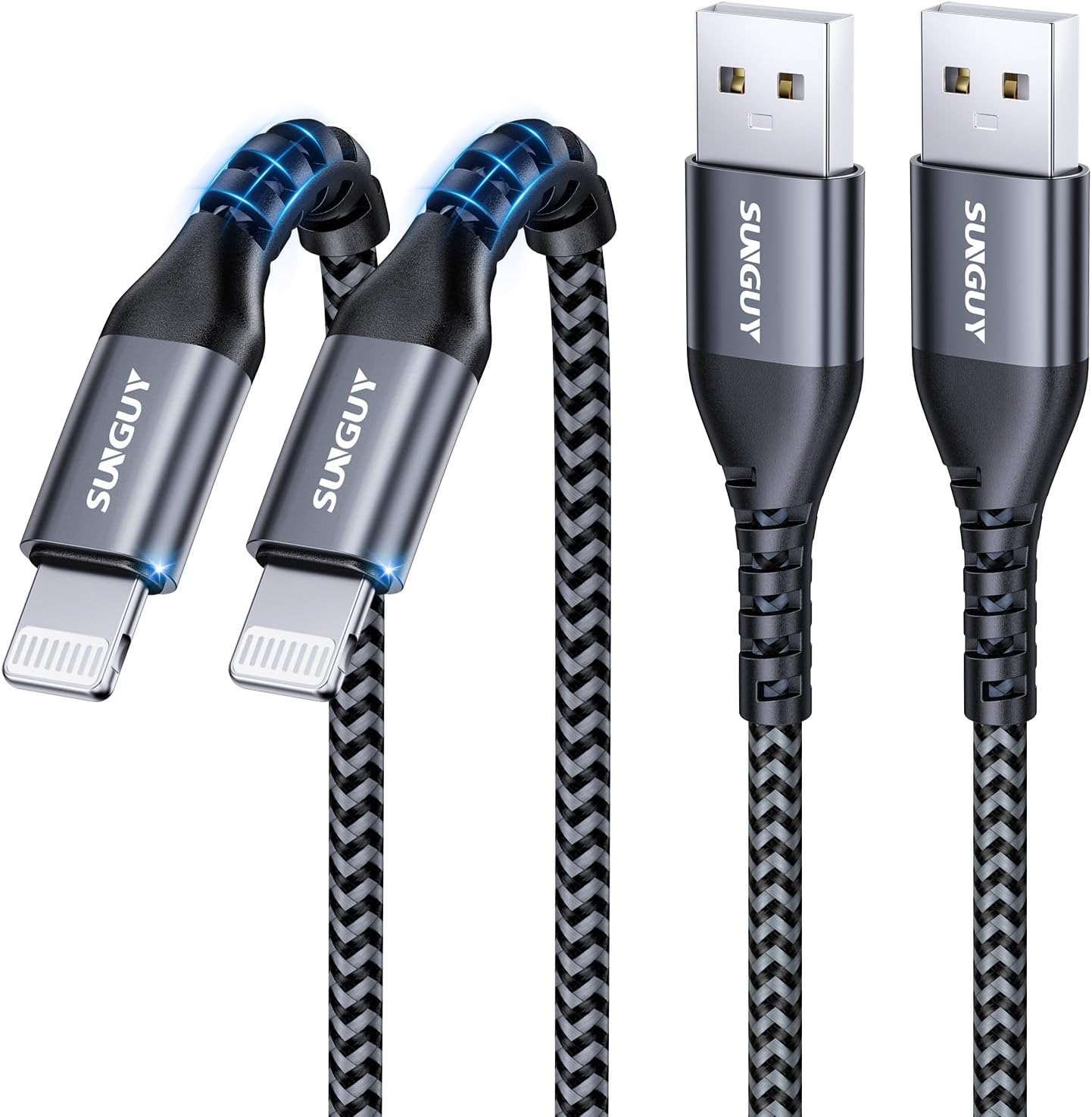 SUNGUY MFi Certified 1FT Lightning Cable 2Pack - Fast Car Charging