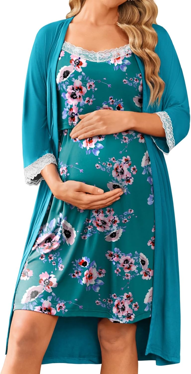 Ekouaer Women Lace Maternity Nursing Gown & Robe Set for Moms