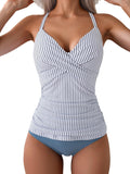 Women's Ruched Tankini Two Piece Swimsuit - V Neck Wrap Tie Back