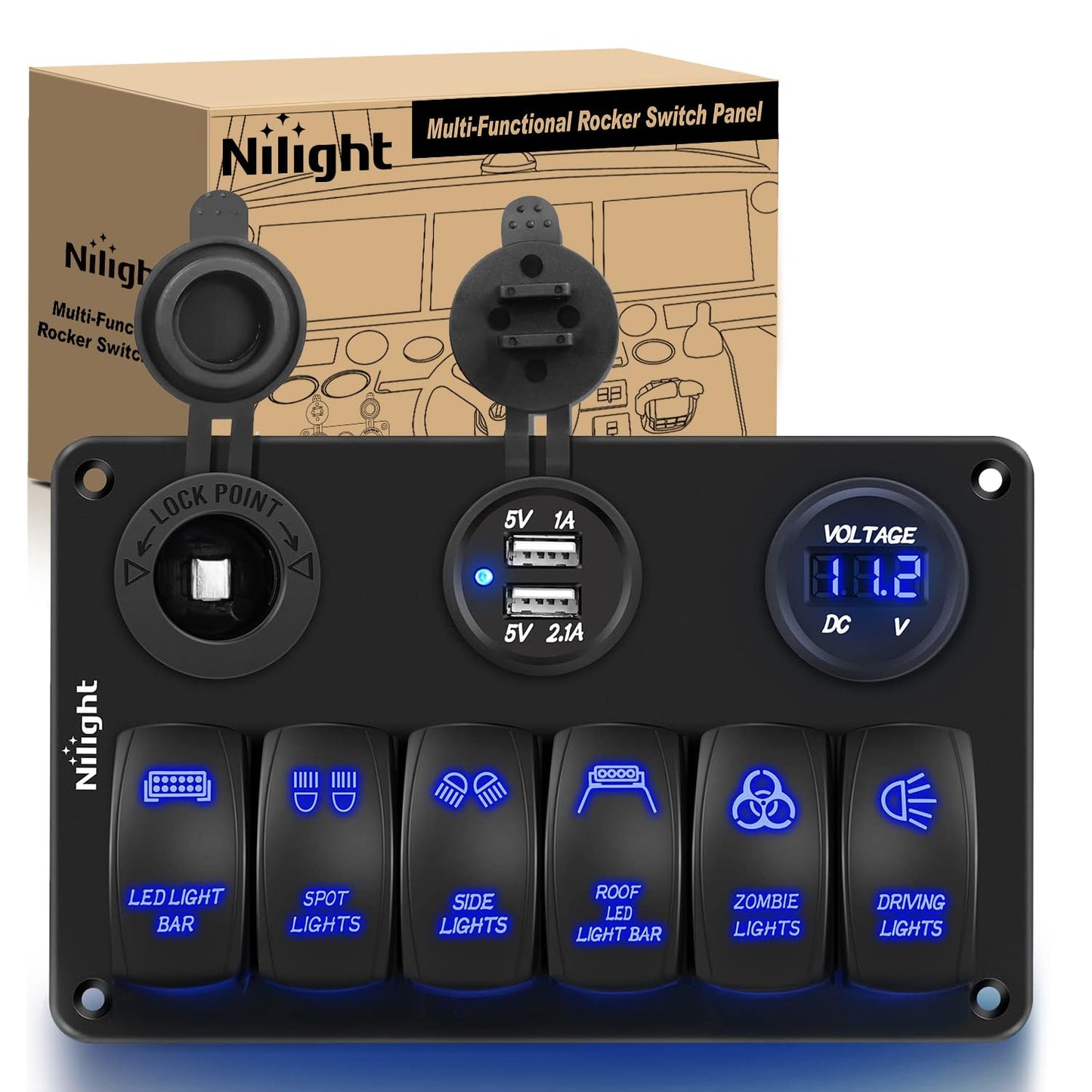 Nilight 6 Gang Rocker Switch Panel with USB Charger and Voltmeter