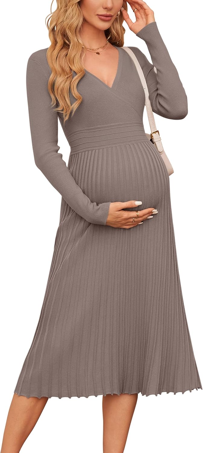 OUGES Women's Fall Maternity Midi Dress for Stylish Moms