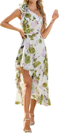 Womens One Shoulder Floral Maxi Dress - Flowy High Low Sundress