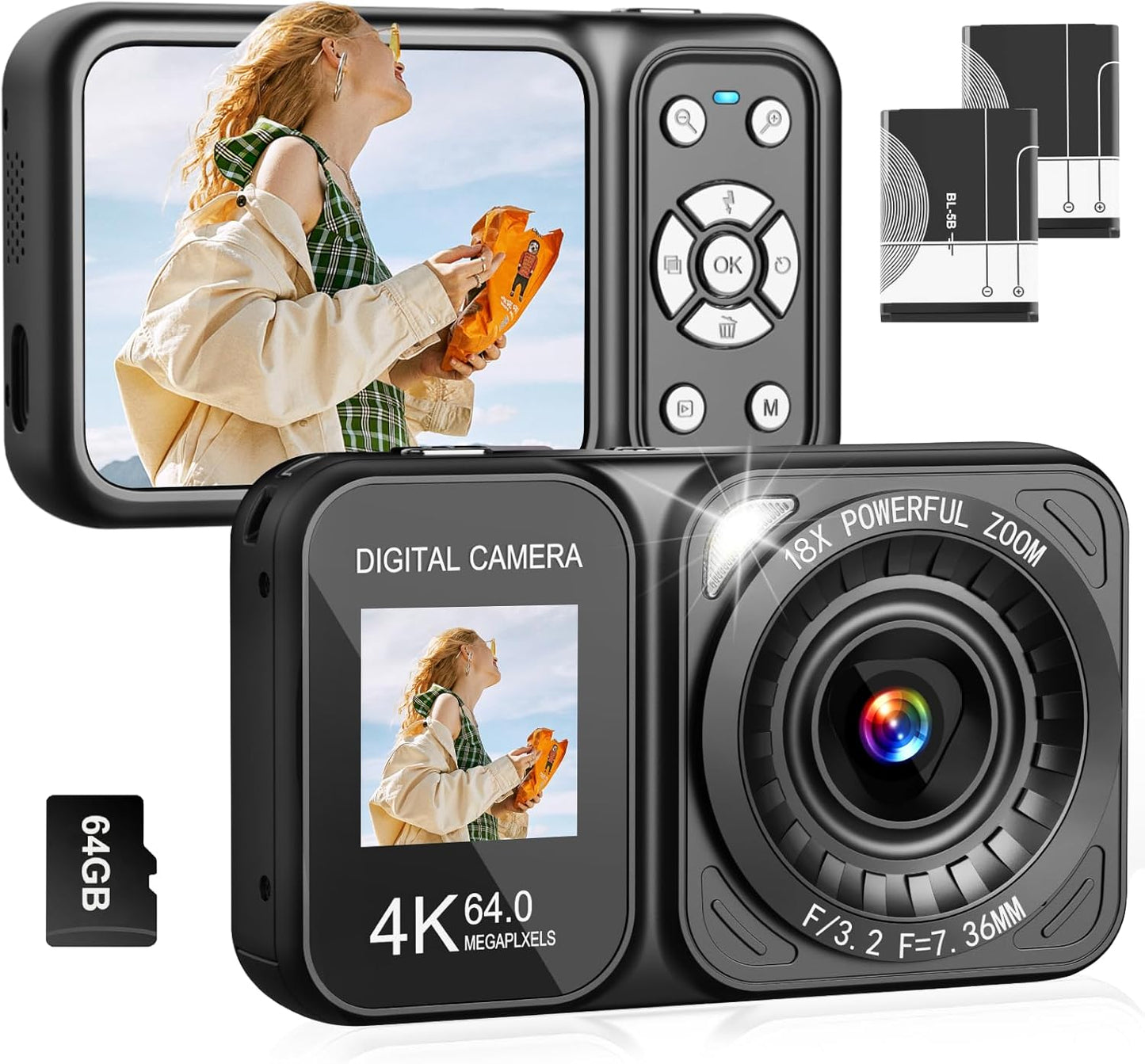 4K Dual Screen Camera: 64MP, 18X Zoom, 64GB TF Card, 2 Batteries!