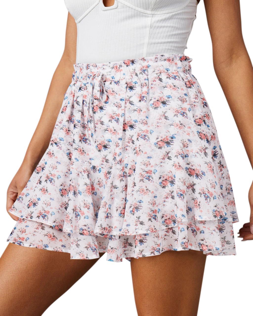 Flowy Shorts for Women Casual Boho Floral Ruffle Mini Skirts