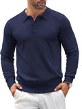 Mens Knit Polo Shirt Long Sleeve Quarter Button - Classic Stretch Fit