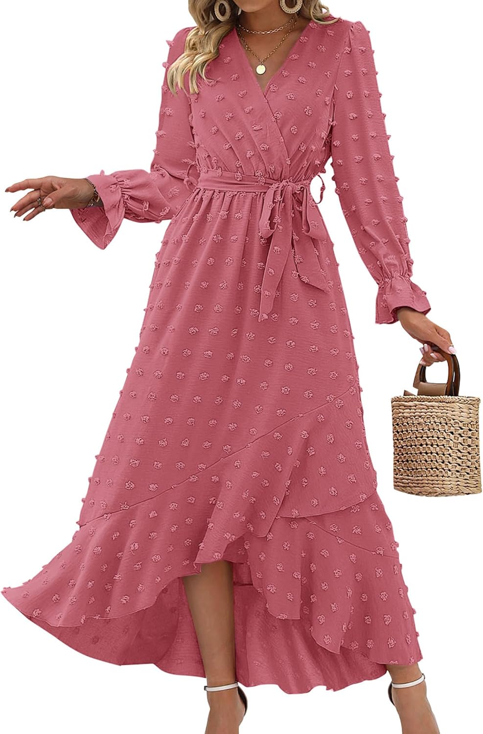 BTFBM Long Sleeve Maxi Dresses for Women with Swiss Dot Style