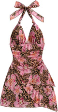 SOLY HUX Tie Dye Halter V Neck Mini Dress - Flattering Backless Fit