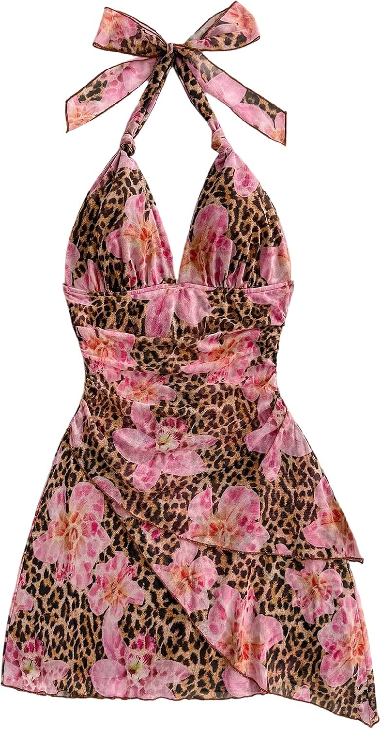 SOLY HUX Women's Sexy Tie Dye Print Halter Mini Dress