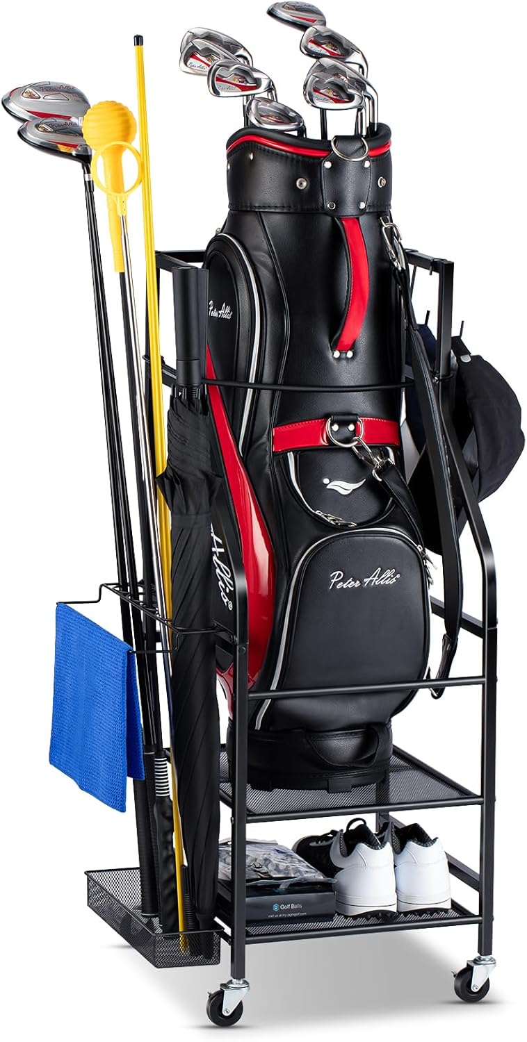 Golf Bag Storage Rack on Wheels - Organize with Ease!