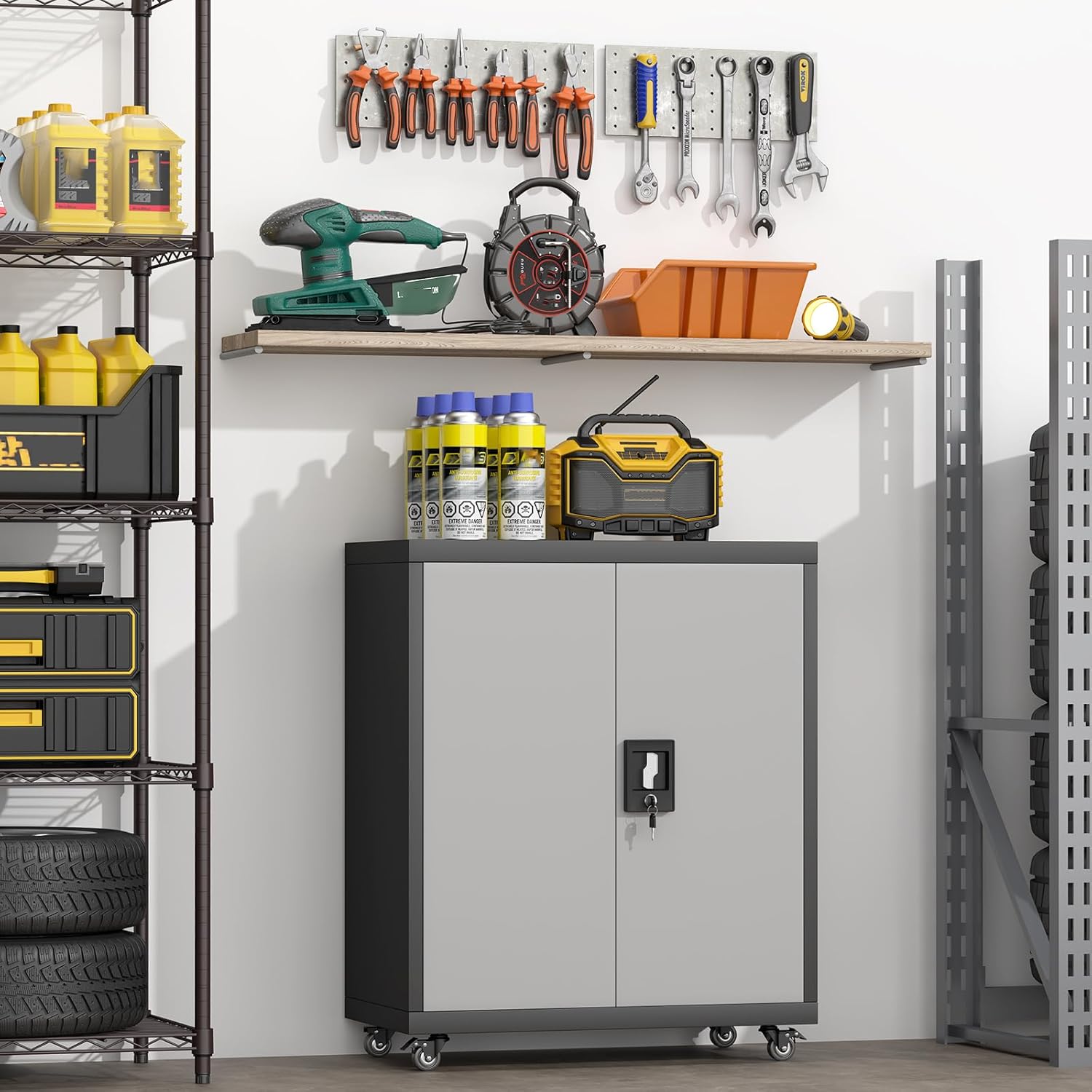 GREATMEET Garage Cabinets with Wheels for Secure Storage