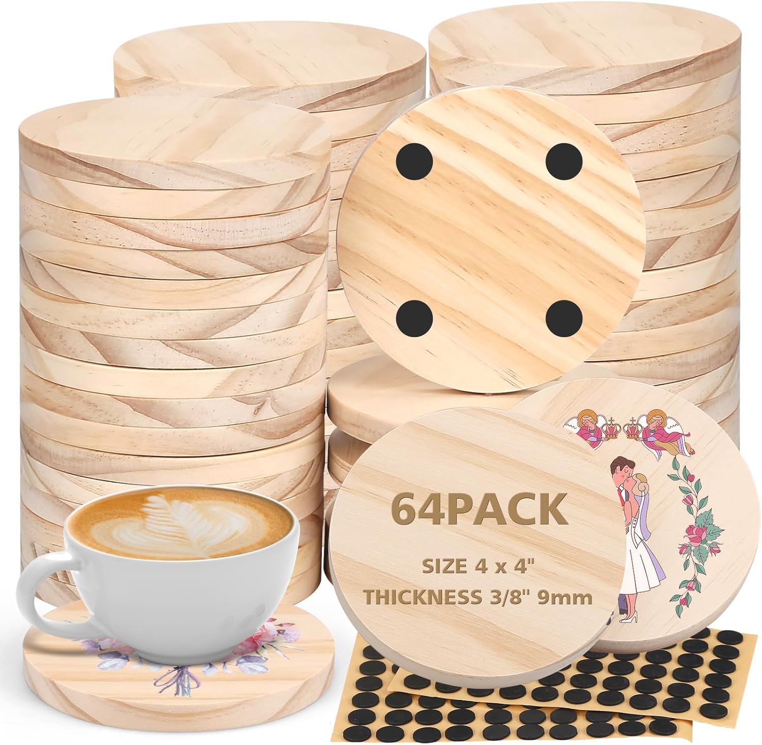 64Pcs Unfinished Wood Coasters for Tabletop Protection and Crafts