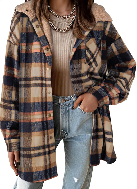 Dokotoo Women's Flannel Hooded Plaid Shacket for Winter Warmth