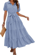 dowerme Womens Short Sleeve Tie Waist Tiered Maxi Dress - Flowy