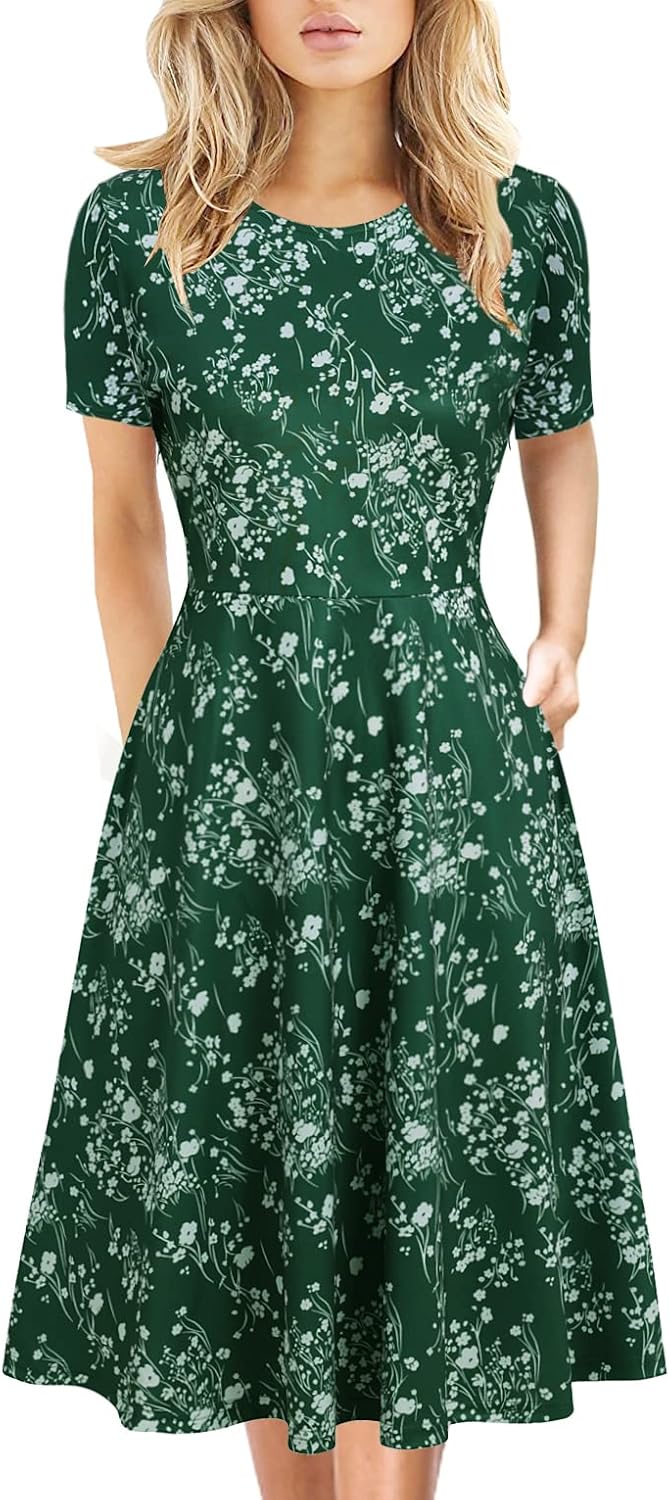 Women's Elegant Knee Length Floral Print A-Line Swing Dress