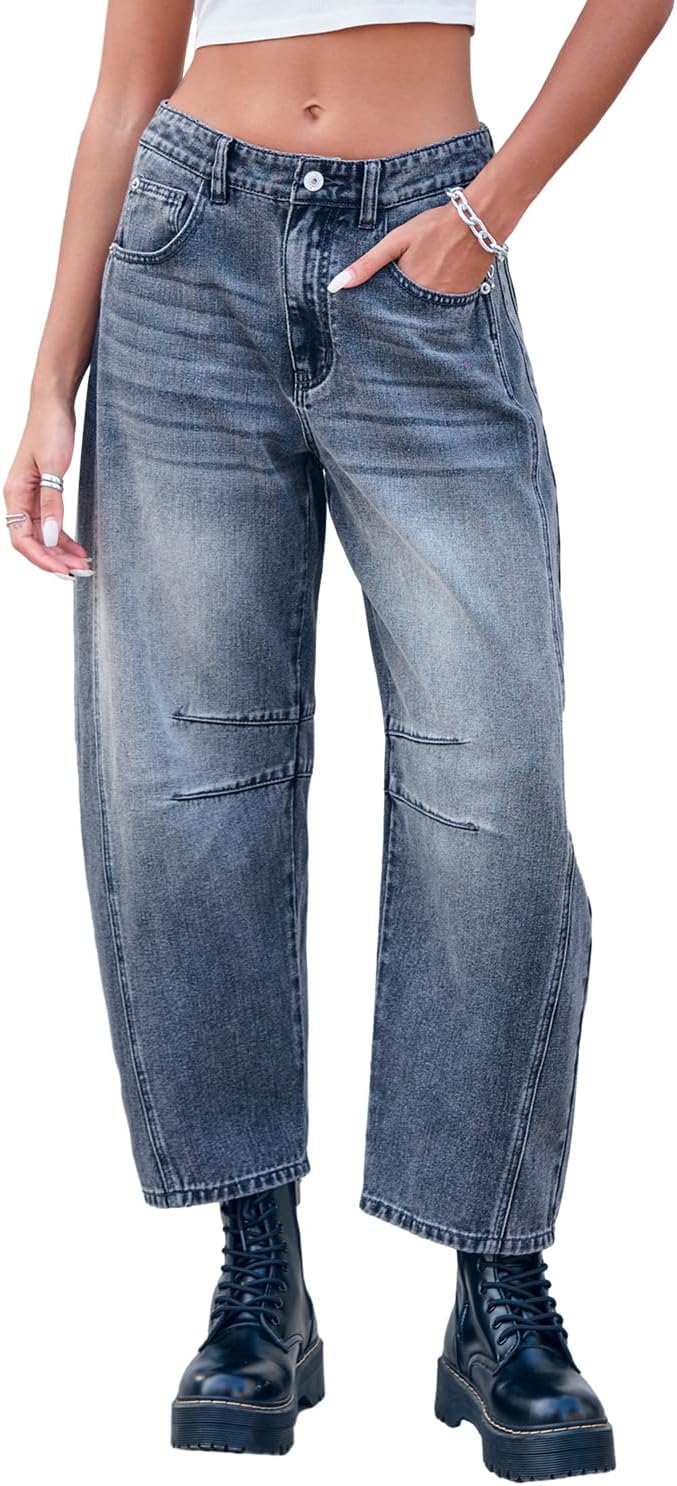 Mid Rise Barrel Jeans for Women Wide Leg Cropped Denim Pants
