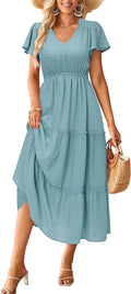Women's Boho Maxi Dress V Neck Flutter Sleeve - Flowy Summer 2025
