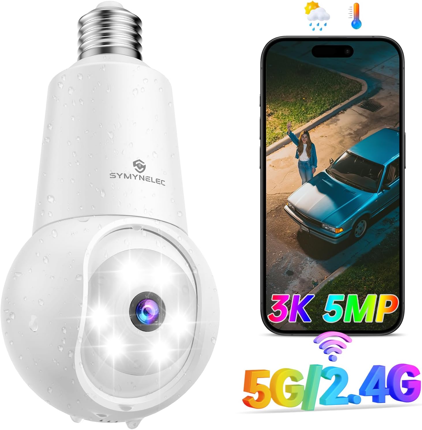 SYMYNELEC Light Bulb Security Camera with 3K Night Vision