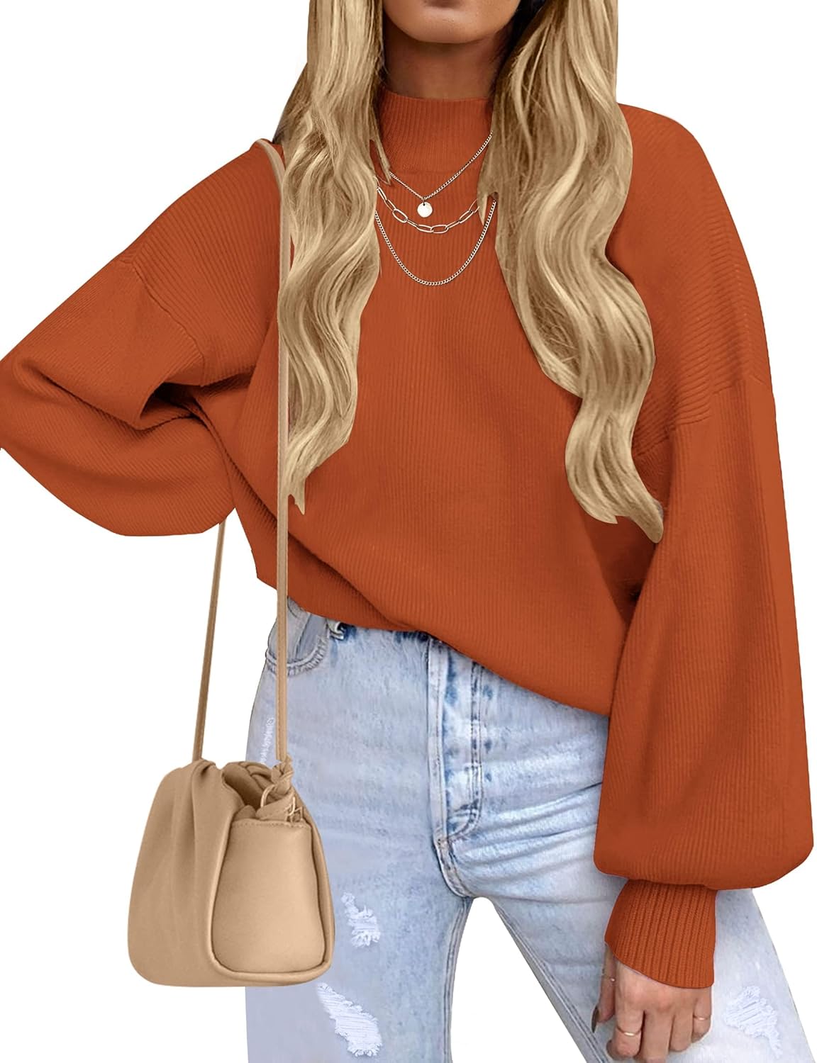 ZESICA Women's Casual Turtleneck Lantern Sleeve Sweater Top