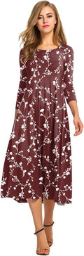 Women 3/4 Sleeve A-line Flare Midi Dress - Flowy Casual Midi