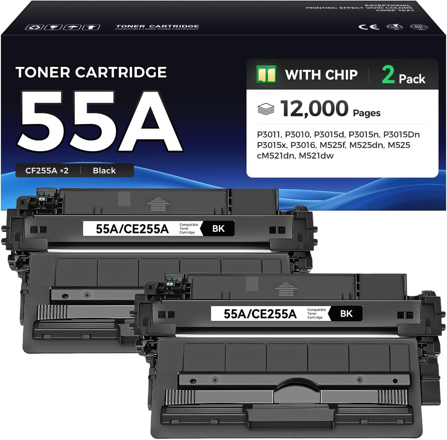 55A Toner Cartridge Black 2-Pack High Yield for HP Printers