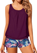 Women Tankini Two Piece Swimsuit - Purple Leaf Blouson Tankini