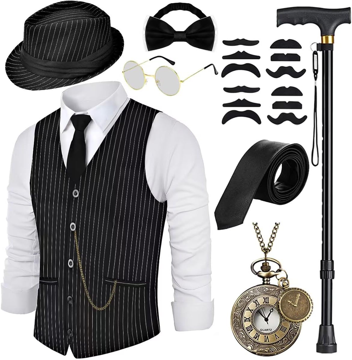 1920s Mens Costume Set with Vest, Hat, and Accessories