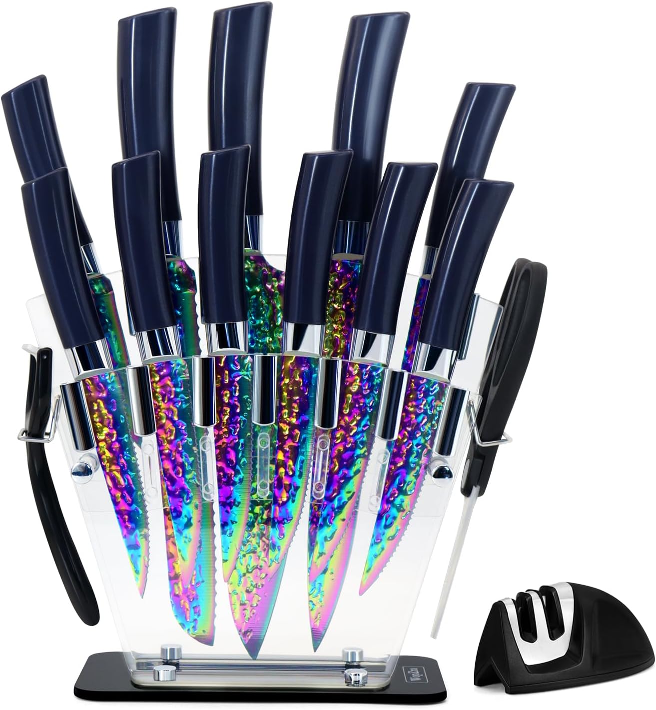 15pcs Blue Kitchen Knife Set with Rainbow Titanium Block