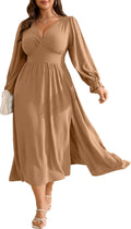 Plus Size Wedding Guest Dress for Women Deep V Neck Long Sleeve