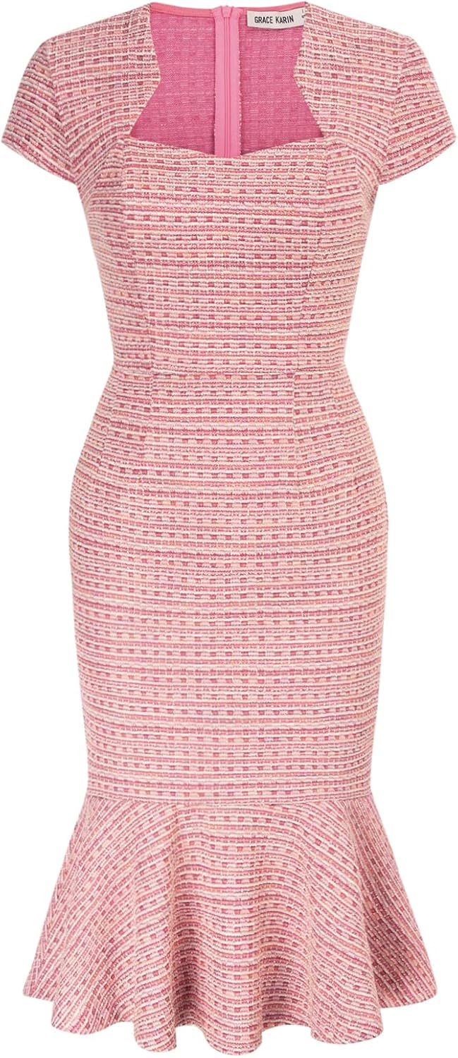 Elegant Cap Sleeve Fishtail Tweed Cocktail Bodycon Dress Review