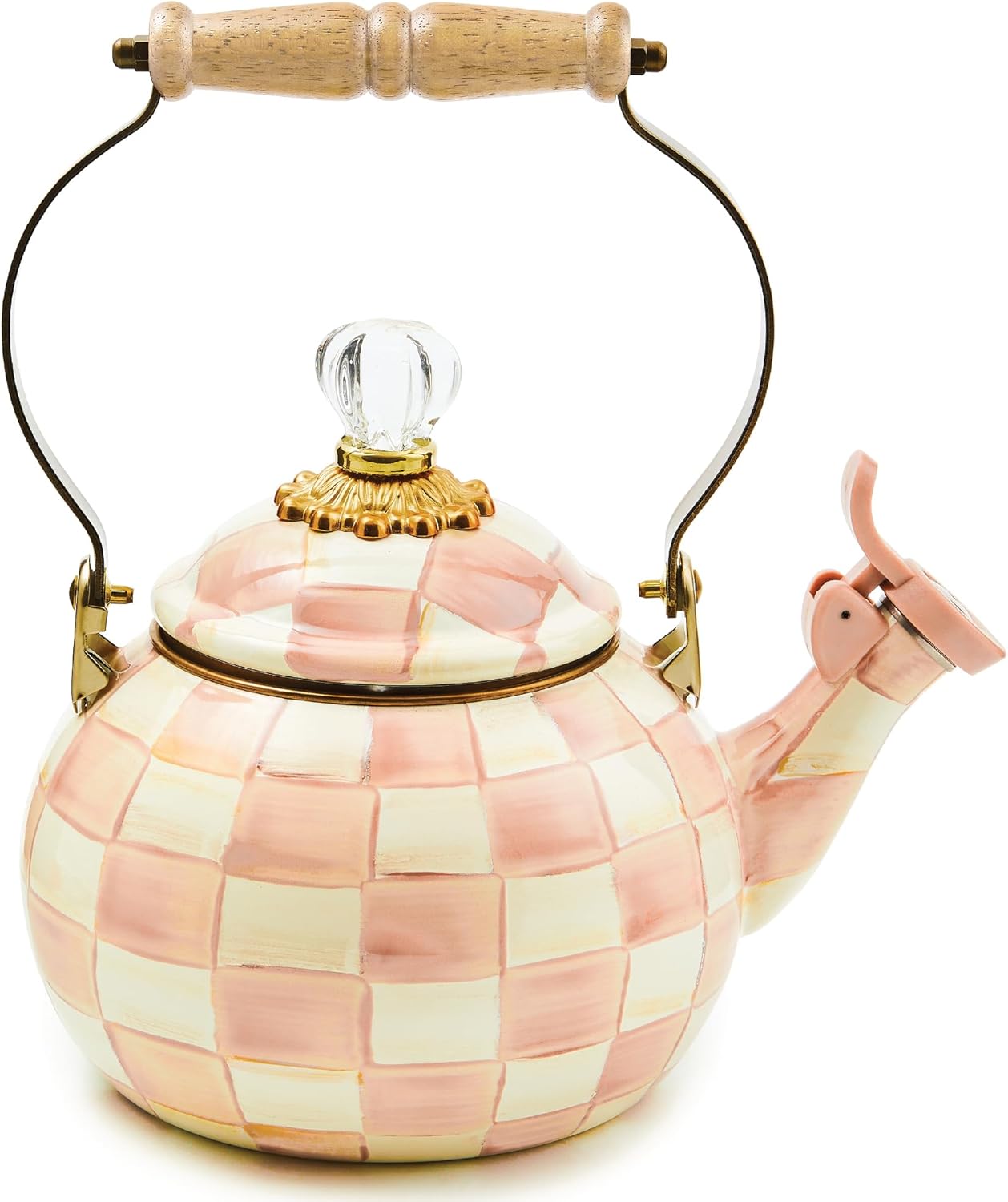 Unique Whistling Tea Kettle in Pink-and-White Rosy Check Design