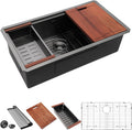 32 in Undermount Kitchen Sink Single Bowl Black Workstation - Durable