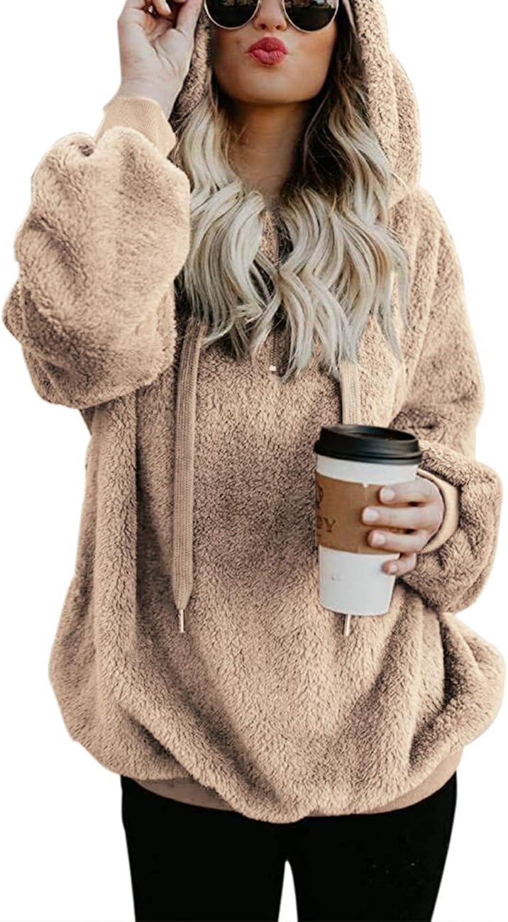 Women Casual Double Fuzzy Sweatshirt Zip Pullover Hoodies Coat