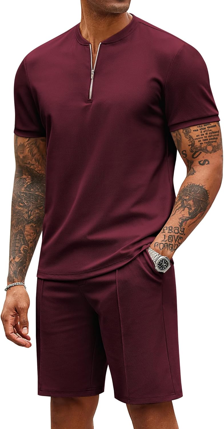 COOFANDY Men's 2 Piece Casual Quarter Zip Polo and Shorts Set