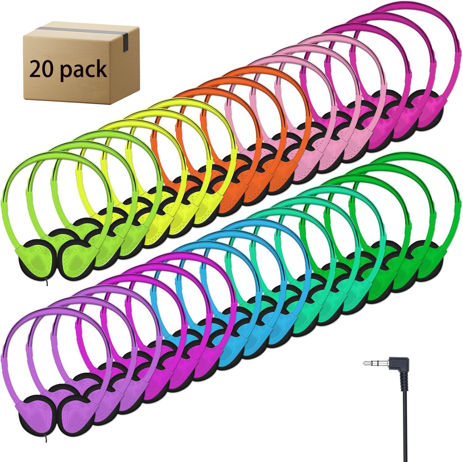 Bulk Headphones for Classroom Use - 20 Pack Multi Color Set