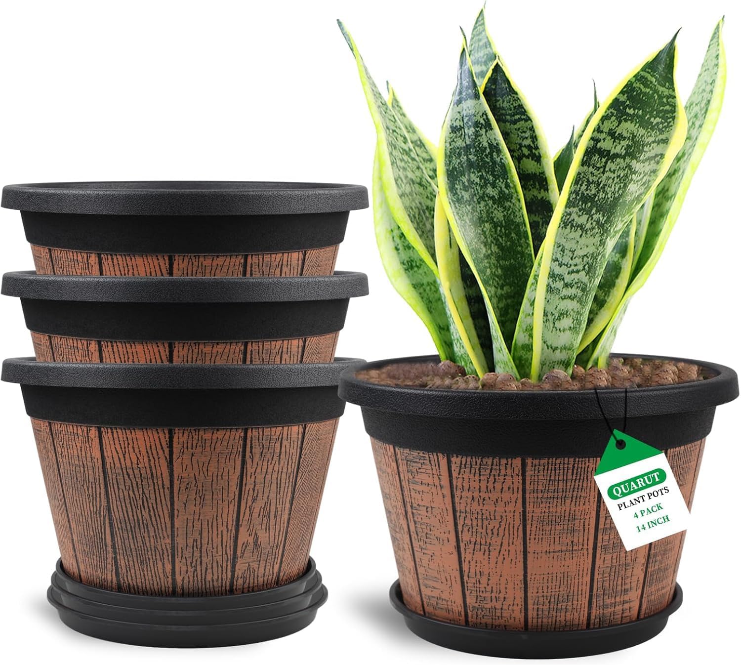Quarut Large 14 inch Plant Pots - Vintage Whiskey Barrel Design