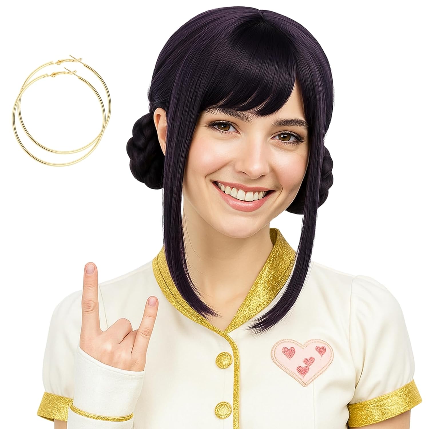 Morvally Short Black Purple Wig with 2 Buns for Cosplay Fun