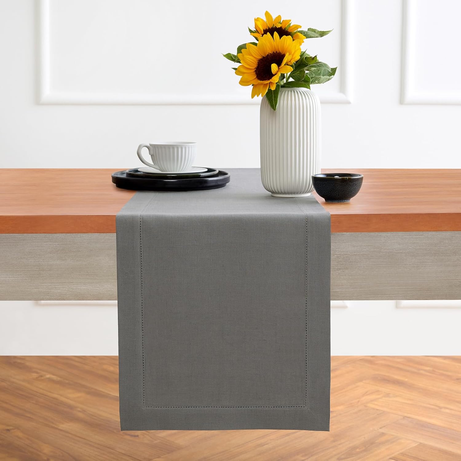 Steel Gray Table Runner 14 x 108 Inches - Pure Linen Hemstitch
