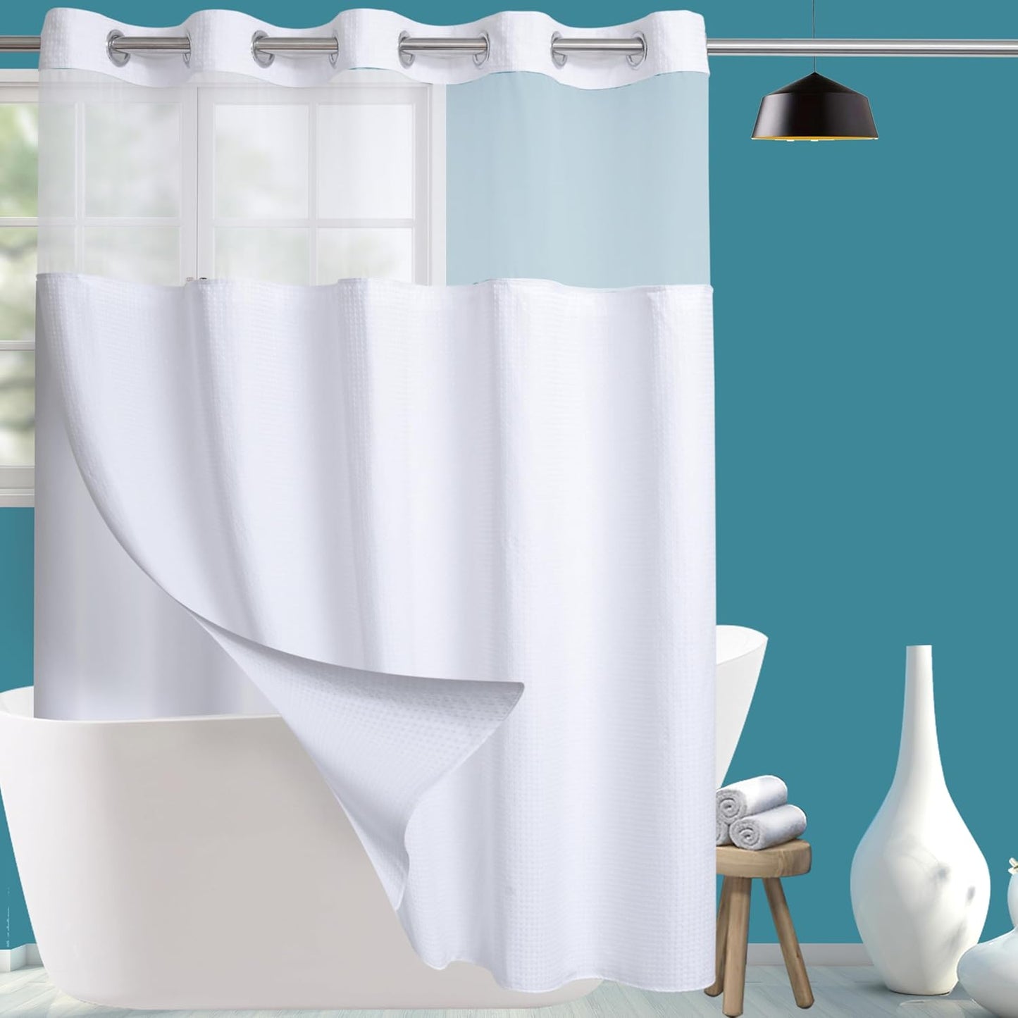 Hotel Grade Waffle Weave Shower Curtain Set - Extra Long, See Through Top Window, Machine Washable