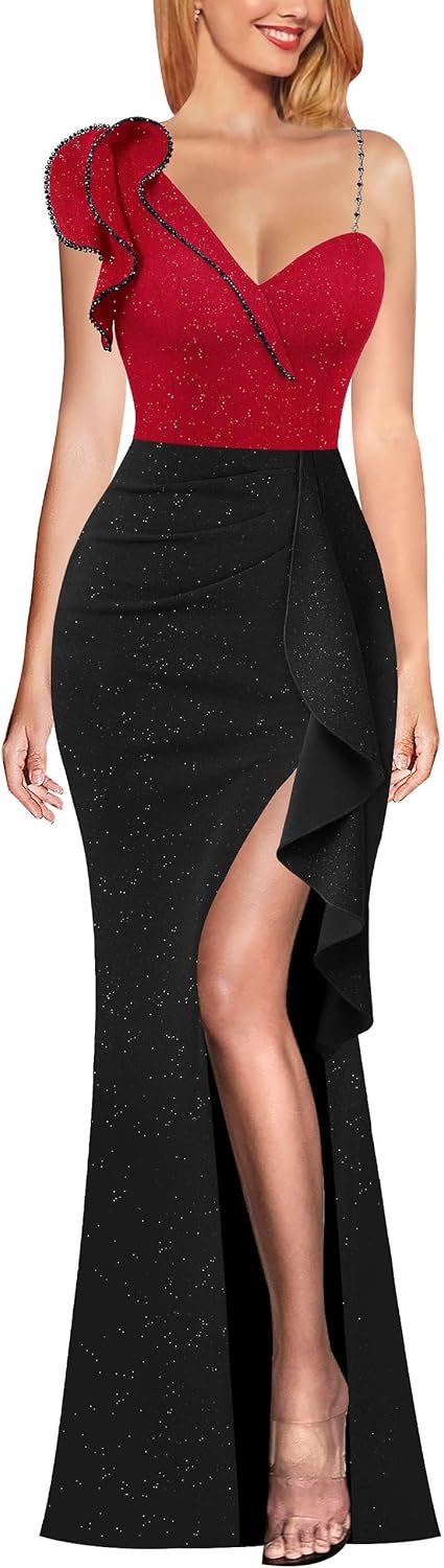 Elegant Ruffle One Shoulder Beaded Strap Maxi Dress for Women