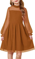 Arshiner girls A-line dress with contrast mesh puff long sleeves