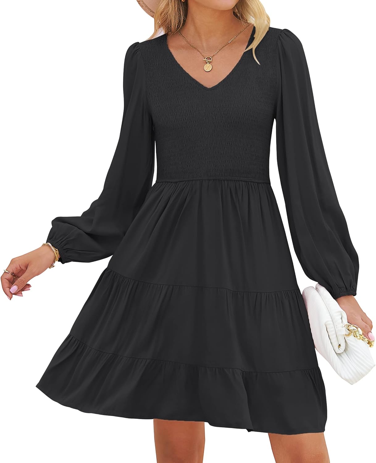 ZESICA Women's Casual V Neck Long Sleeve Ruffle Mini Dress