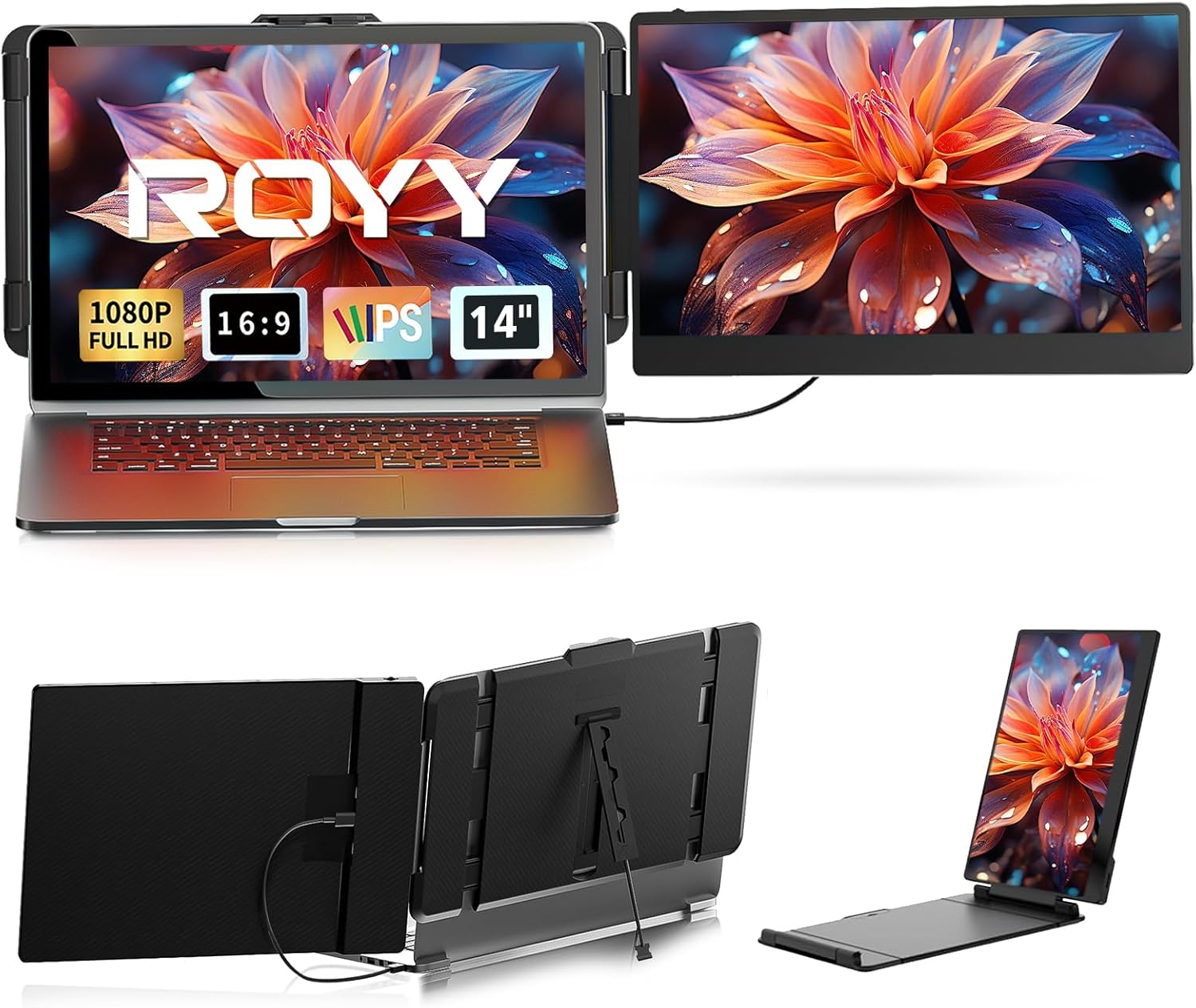 ROYY 14 Portable Dual Monitor - FHD 1080P IPS Extra Screen for Travel & Work