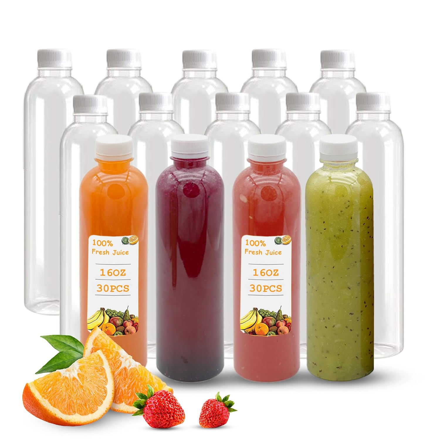 16 OZ Clear Plastic Juice Bottles Pack of 30 with Caps