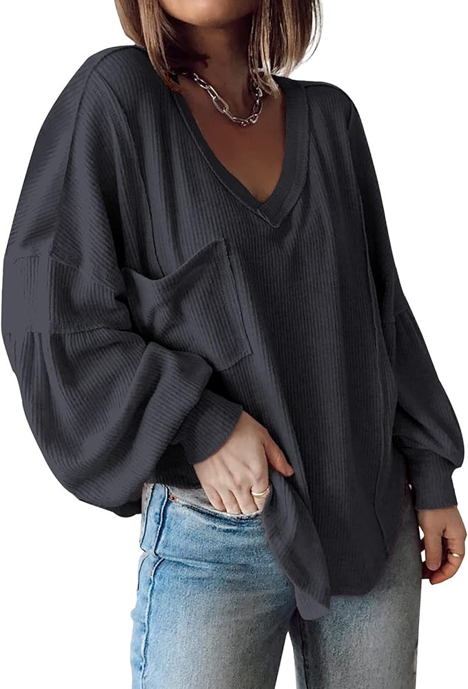 BTFBM Women's Casual V Neck Ribbed Knitted Pullover Tunic Tops