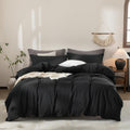 Black Duvet Cover Twin Size 100% Washed Cotton Bedding Set - Zipper