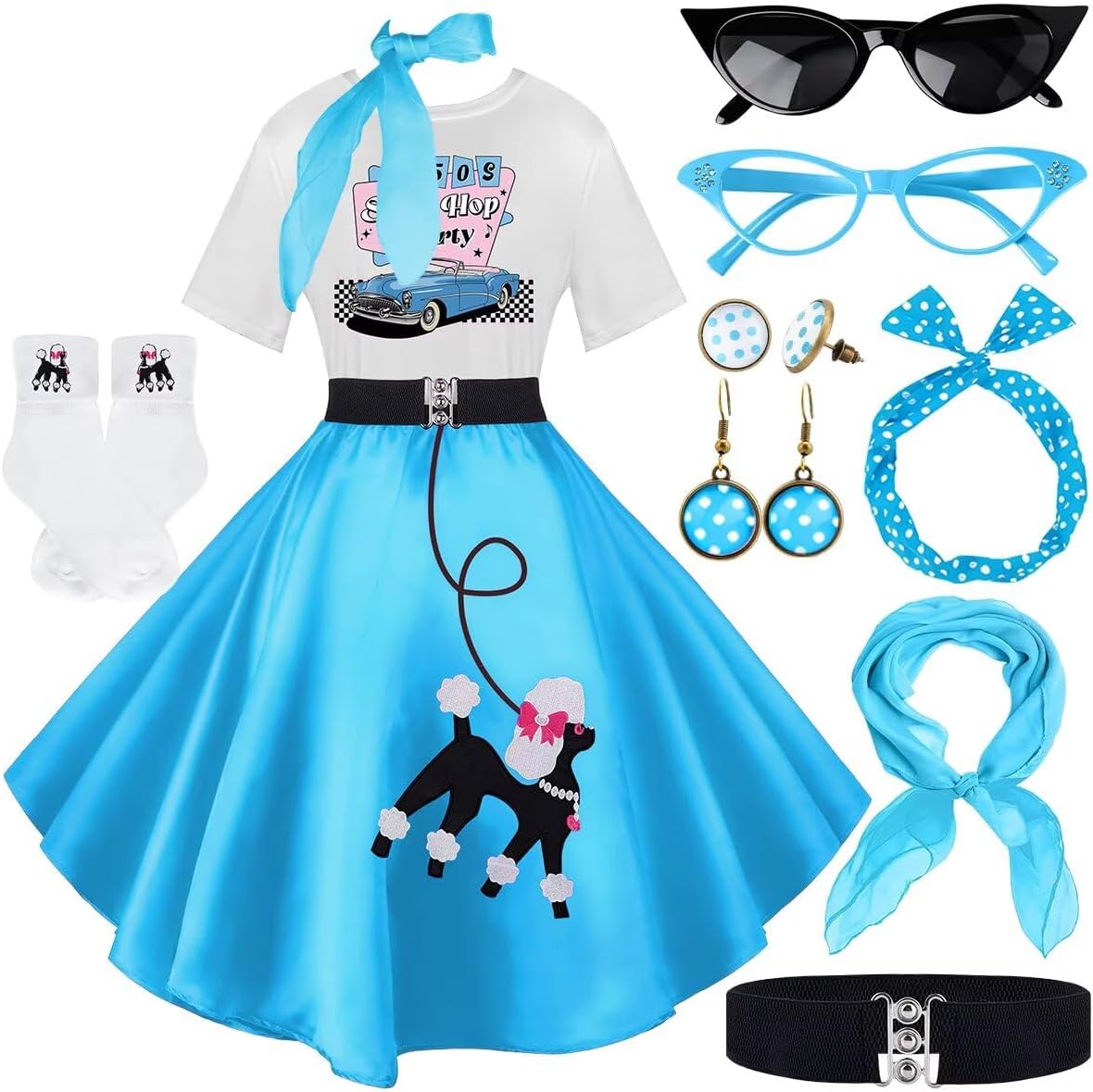 10Pcs Sock Hop Outfits Women with 1950s Poodle Skirts